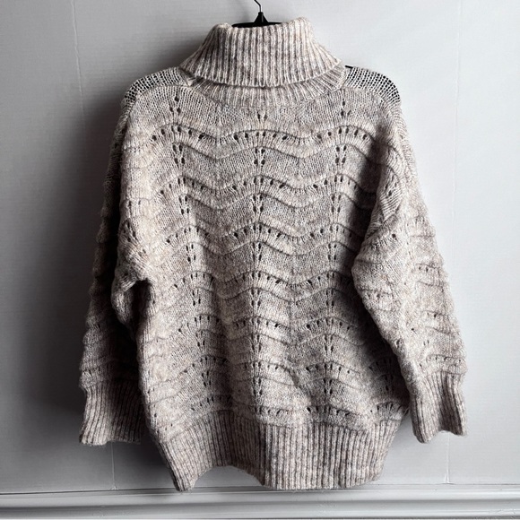 FRNCH Beige Pointelle Knit Turtleneck Sweater Oversized Women Small Medium - Picture 3 of 6
